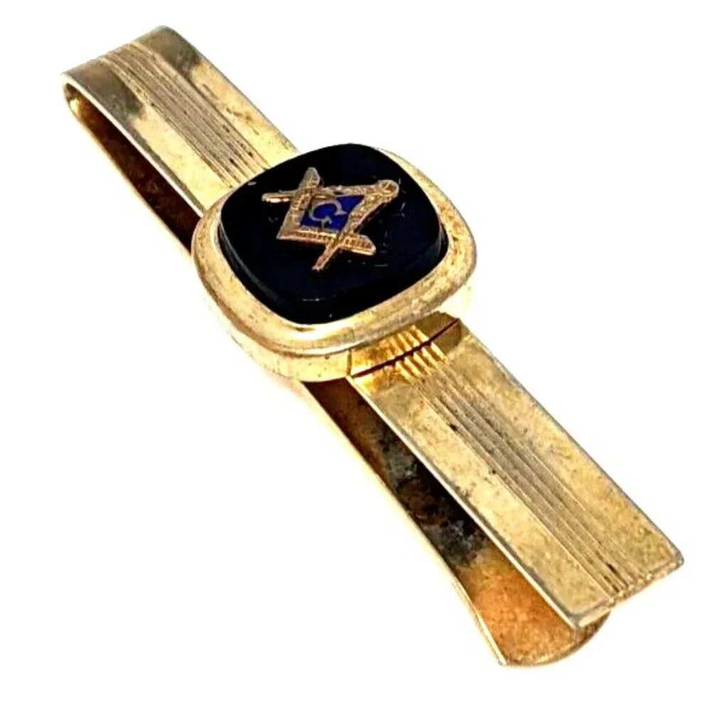 Vintage Freemason G Compass Square Money Tie clip Gold Tone Black Blue enamel